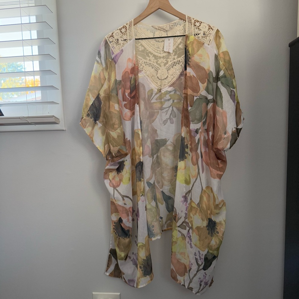 Anthropologie OS NEW Hepatica Kimono Oversized Watercolor Floral‎ Sheer Boho Art